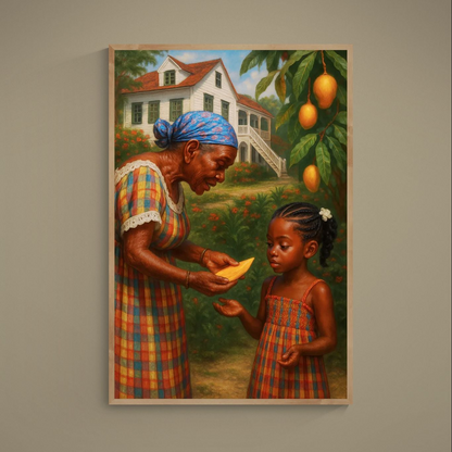 Elder offers mango slice to child beneath fruit tree near white house in warm portrait artwork