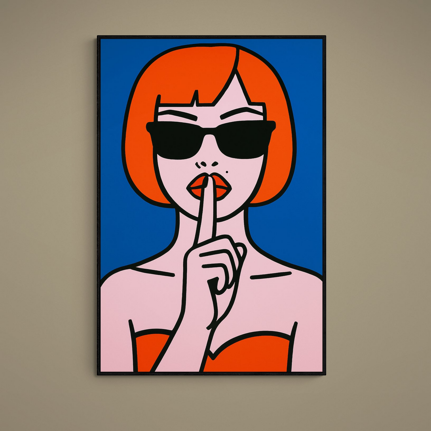 Pop art portrait of orange-bobbed woman in black sunglasses making a shh gesture on navy background