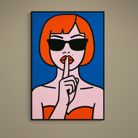 Pop art portrait of orange-bobbed woman in black sunglasses making a shh gesture on navy background