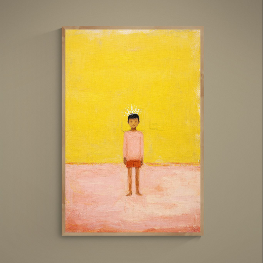 Afrocentric gallery wall poster: small Black boy beneath a white crown on bold yellow, minimalist matte paper, unframed.