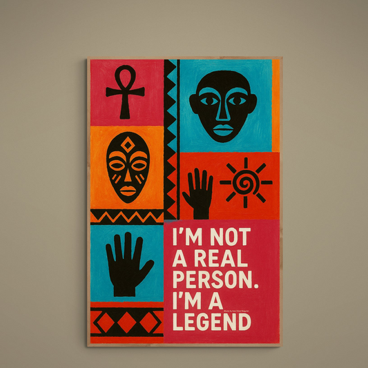 Afrocentric I Am Legend poster with ankh, masks, hand icon, and bold turquoise orange red grid