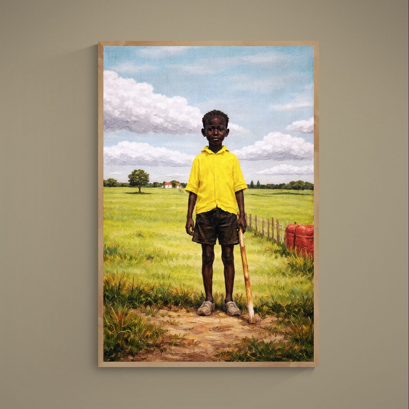 Living room decor poster: Black boy portrait in rural field, yellow shirt, matte paper, vertical Afrocentric art print