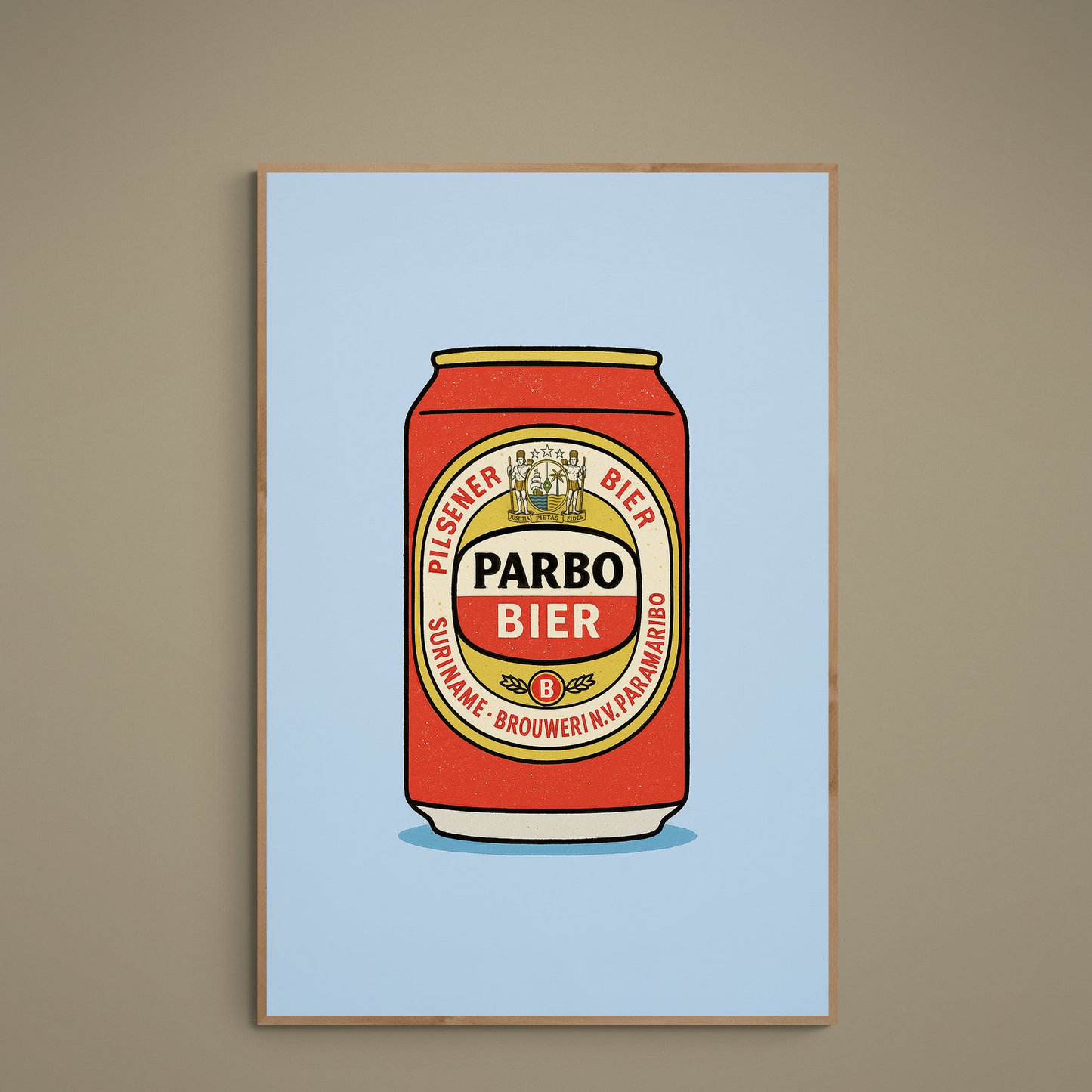 Pop art poster of a red Parbo Bier can on a light-blue background with vintage label detail
