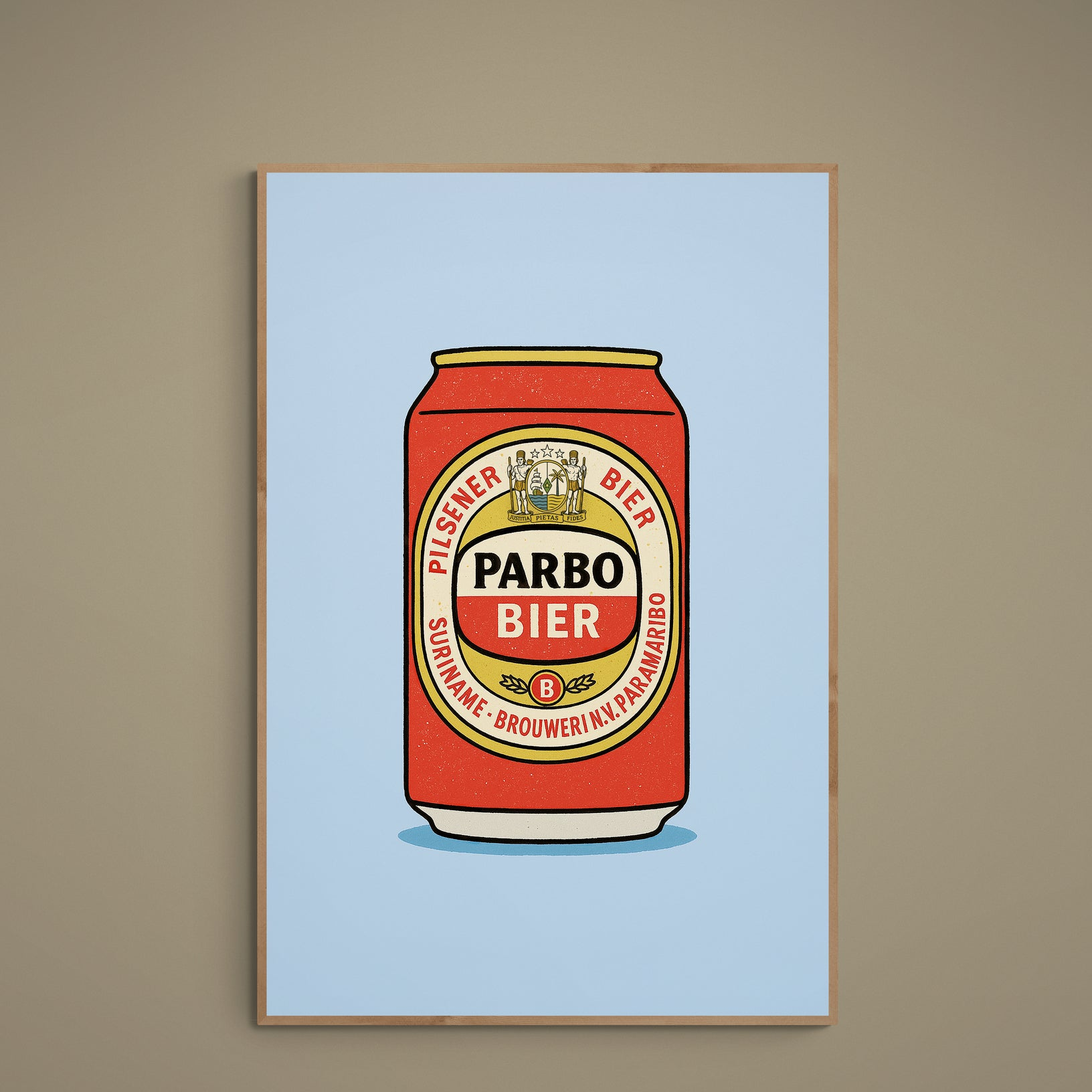 Pop art poster of a red Parbo Bier can on a light-blue background with vintage label detail