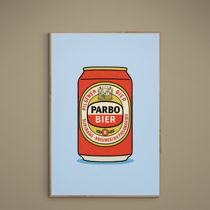 Pop art poster of a red Parbo Bier can on a light-blue background with vintage label detail