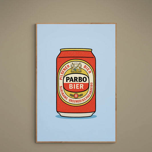 Pop art poster of a red Parbo Bier can on a light-blue background with vintage label detail