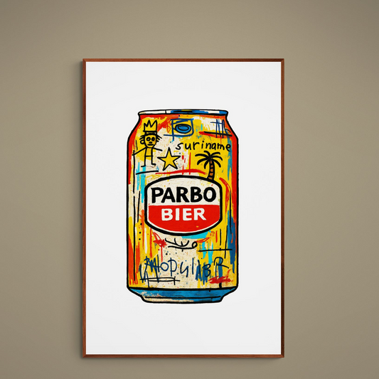 Pop art Parbo Bier can poster with palm, star motifs, graffiti scribbles and vivid yellow, red and blue colors