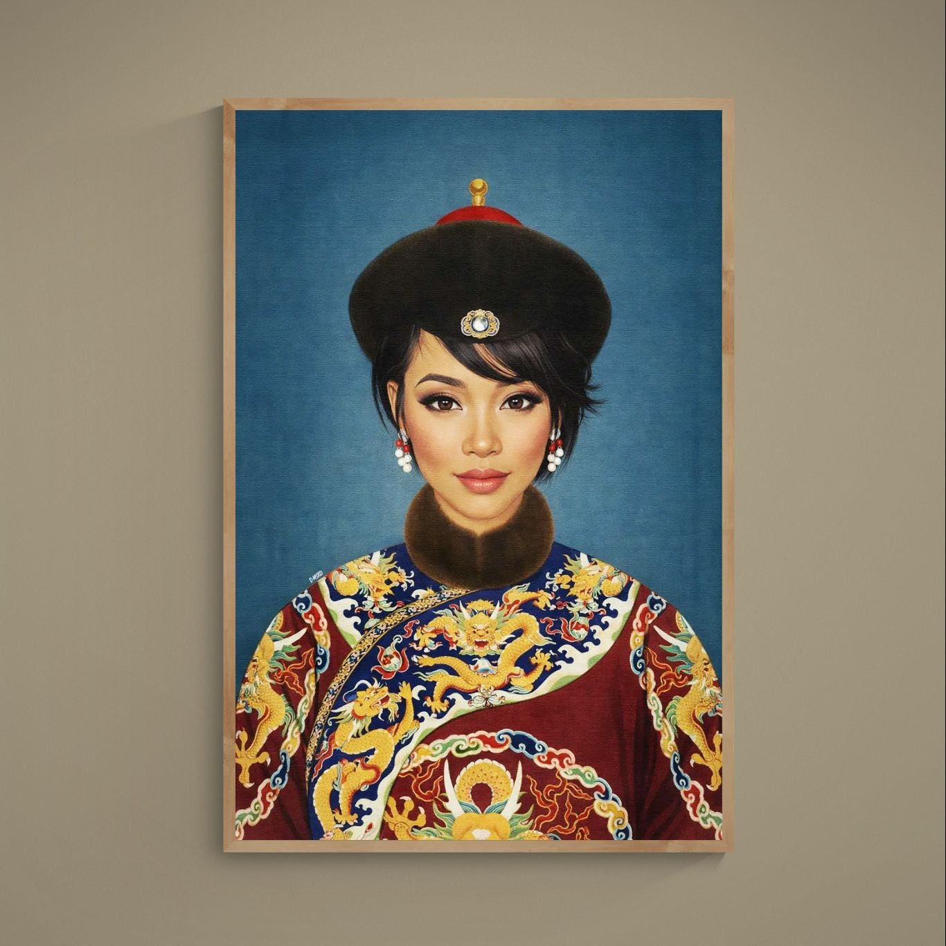 Photorealistic female portrait in imperial dragon robe and hat on navy background