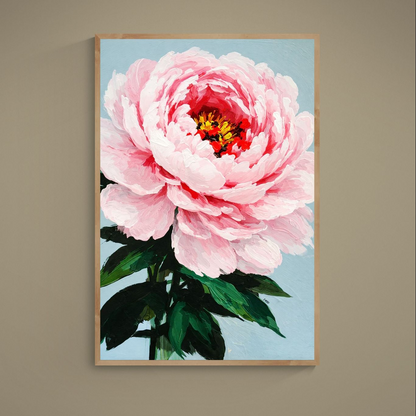 Pink peony impasto floral poster on muted blue background with green leaves and yellow red center