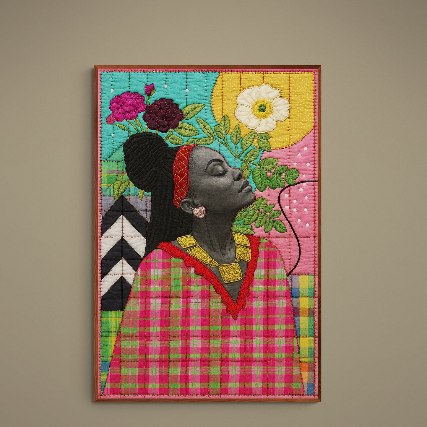 Grayscale profile portrait of a Black woman with colorful quilt-inspired patchwork and floral motifs