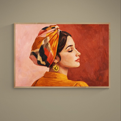 Side-profile woman portrait with multicolor headscarf and gold sunflower earring on matte poster