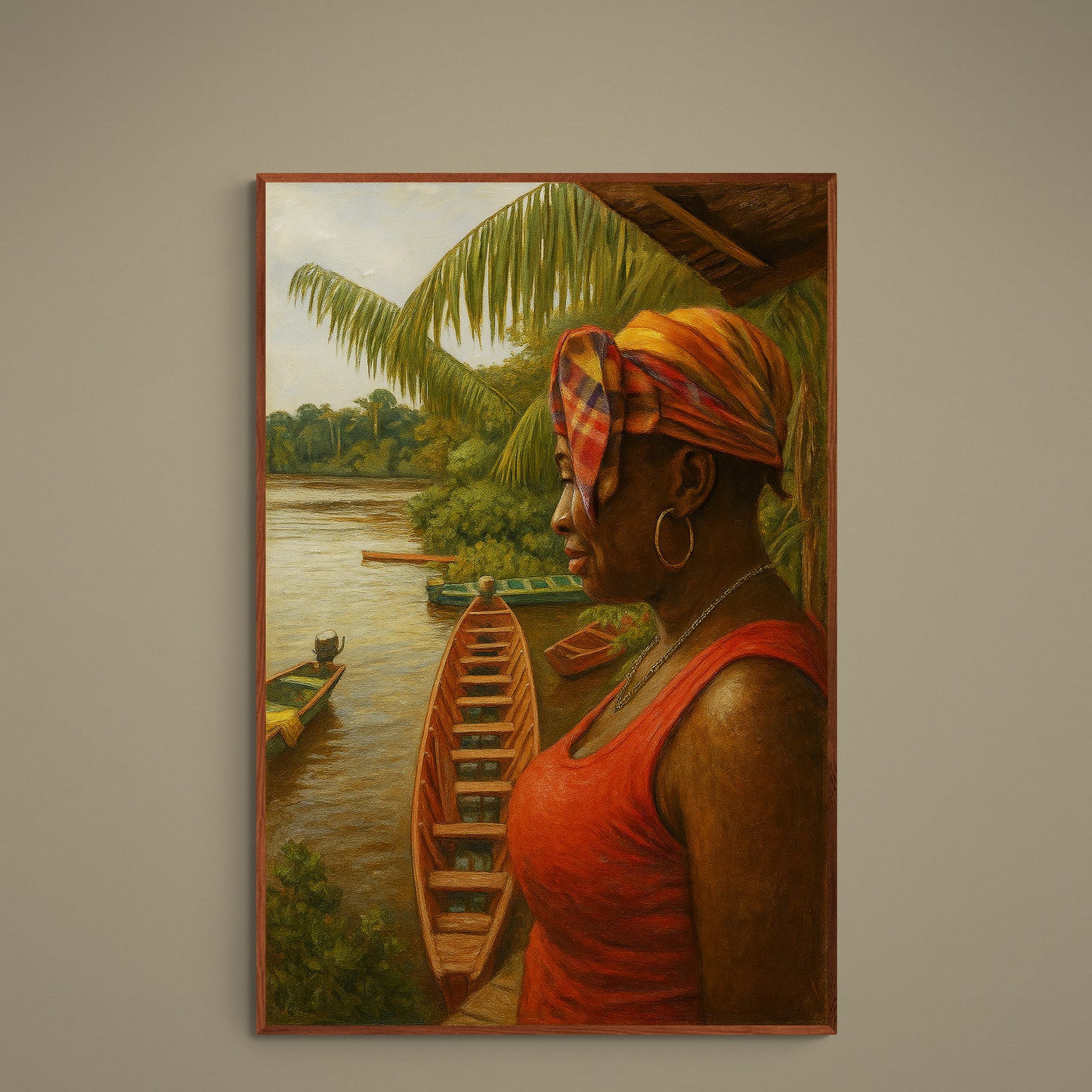 Black woman in patterned headwrap overlooking tropical river with wooden canoes