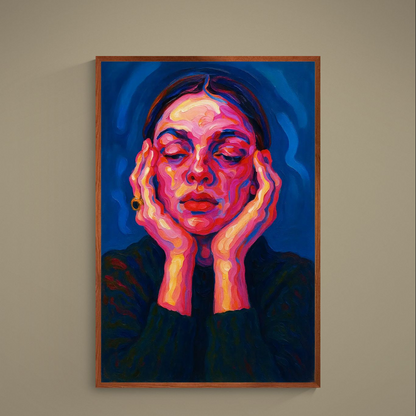 Colorful expressionist portrait with closed eyes and hands on face against deep blue background