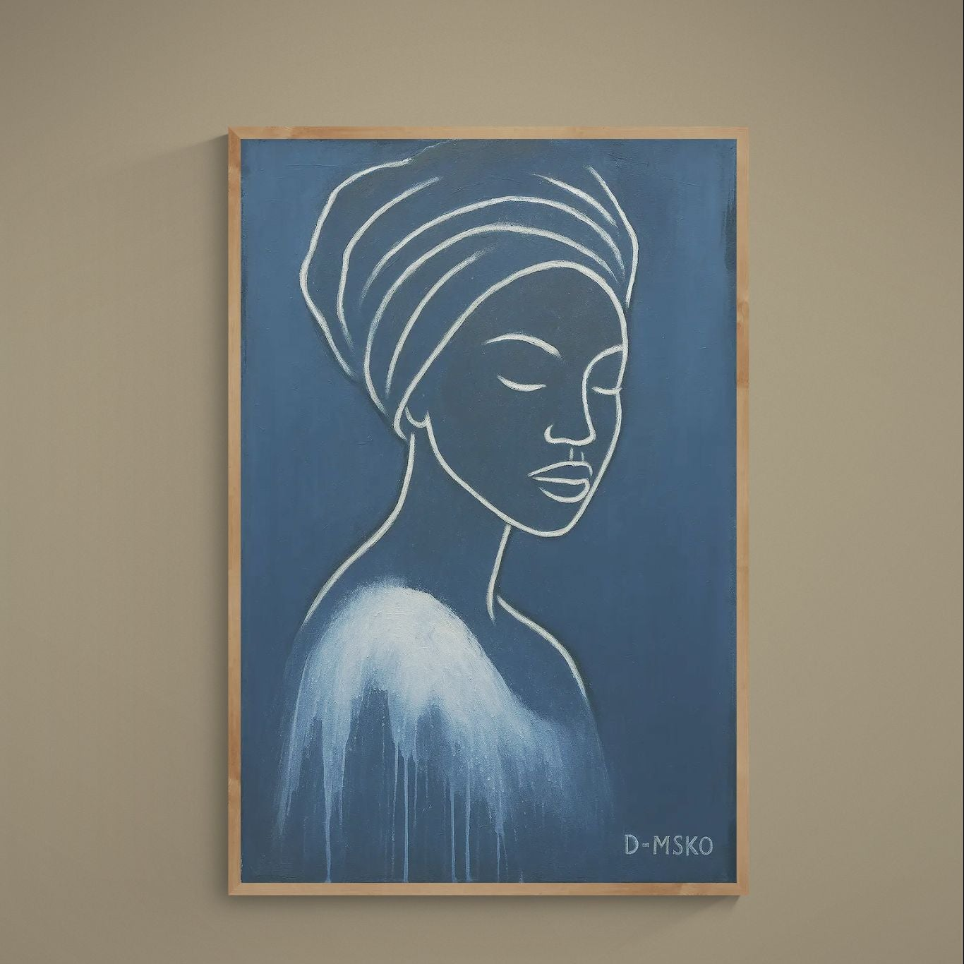 White continuous-line female portrait with headwrap on deep navy matte poster, signed D-MSKO