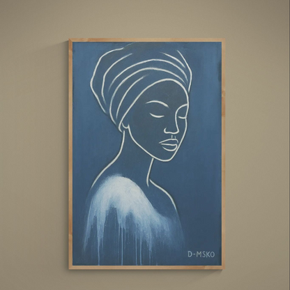 White continuous-line female portrait with headwrap on deep navy matte poster, signed D-MSKO