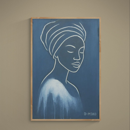 White continuous-line female portrait with headwrap on deep navy matte poster, signed D-MSKO