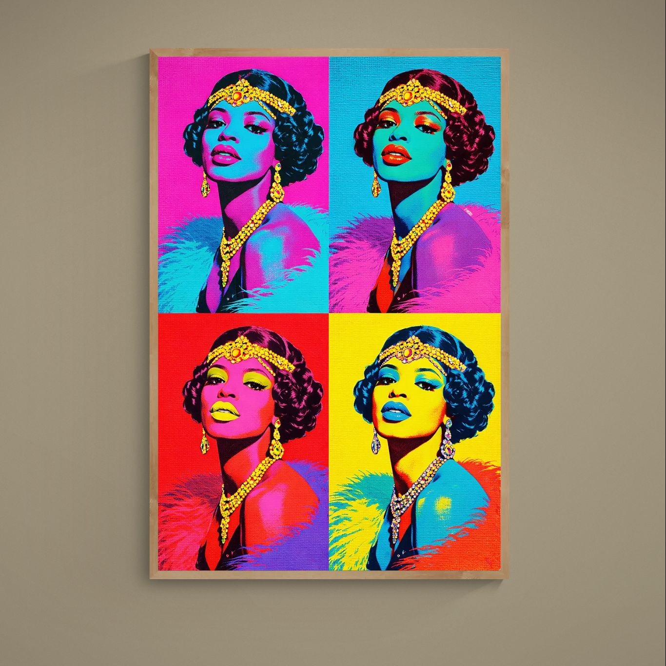 Unframed pop art poster with 2x2 flapper portrait grid in pink, turquoise, yellow, red and gold