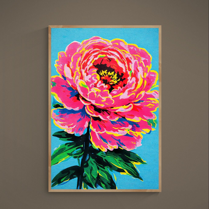 Pop art pink flower poster with black outlines on turquoise background