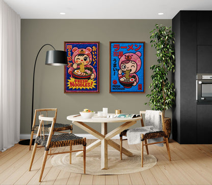 Kawaii Ramen Bear Framed Canvas Quilt-Inspired Pop-Art
