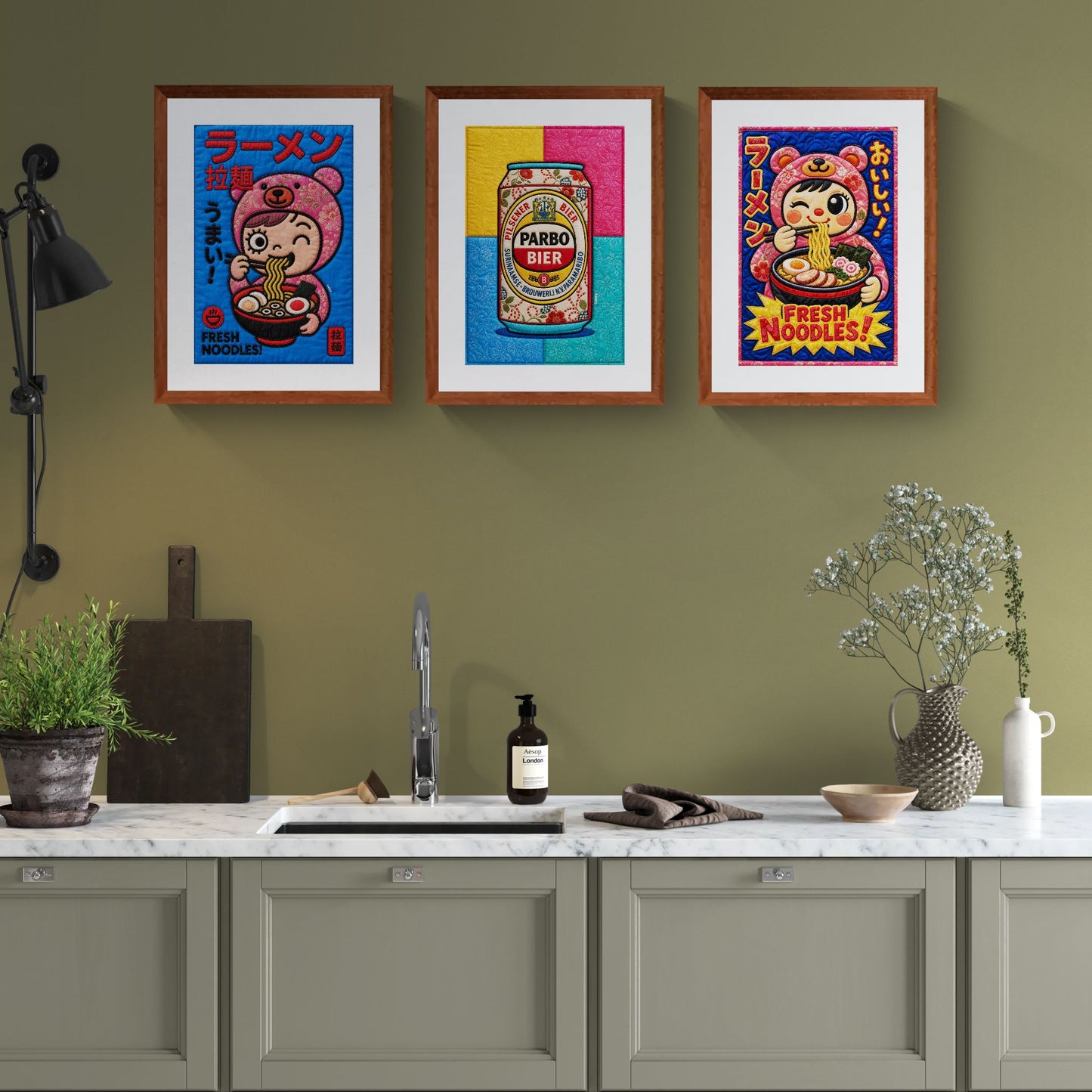 Kawaii Ramen Bear Quilted-Style Museum-Quality Matte Paper Poster
