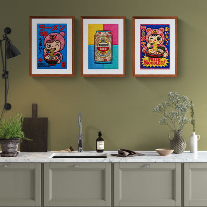 Kawaii Ramen Bear Quilted-Style Museum-Quality Matte Paper Poster