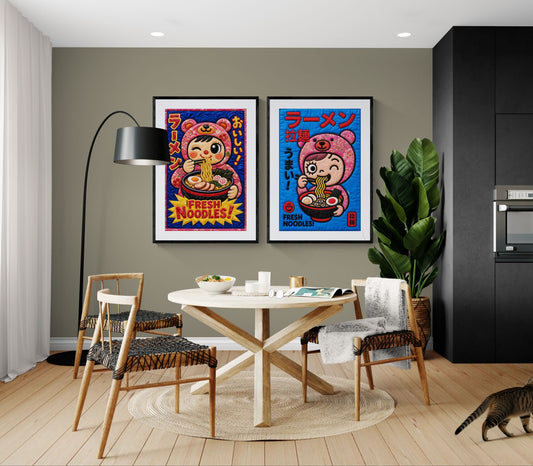 Kawaii Ramen Bear Quilted-Style Museum-Quality Matte Paper Poster