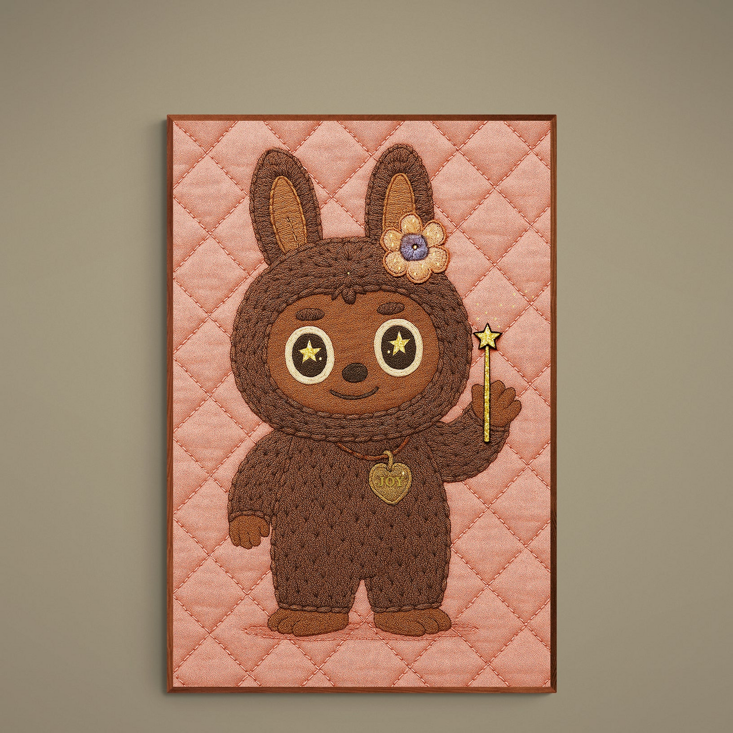 Kawaii bunny-eared character with star wand on pink quilted background, Keeper of Joy poster