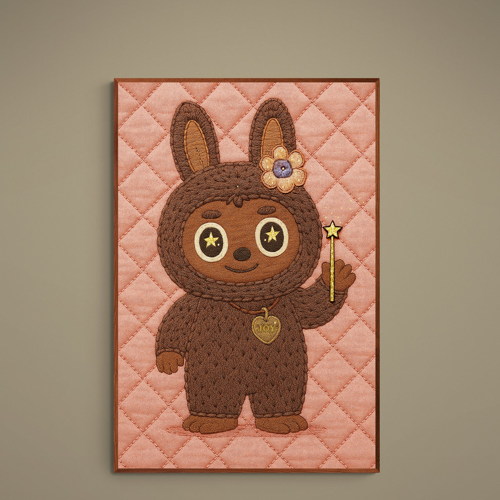 Kawaii bunny-eared character with star wand on pink quilted background, Keeper of Joy poster