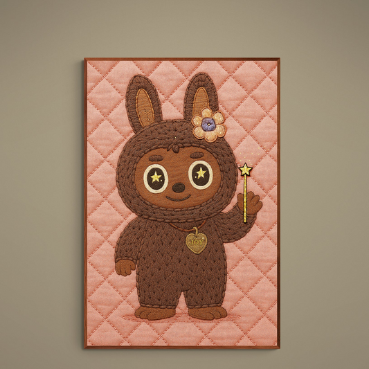 Kawaii bunny-eared character with star wand on pink quilted background, Keeper of Joy poster
