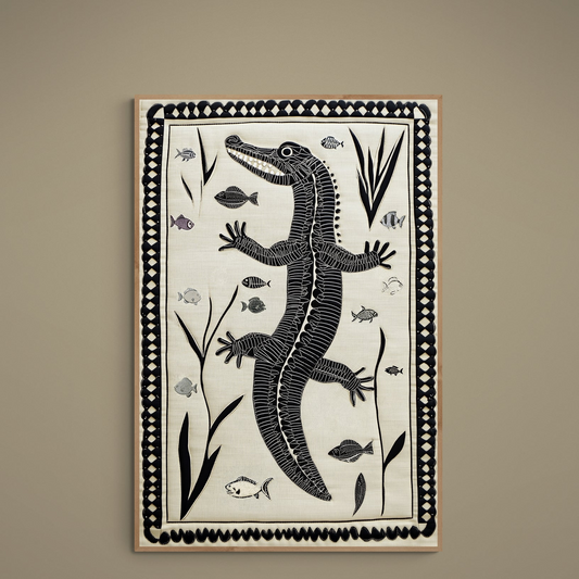Black quilt-style crocodile poster on cream ground with fish, aquatic plants and decorative lattice border