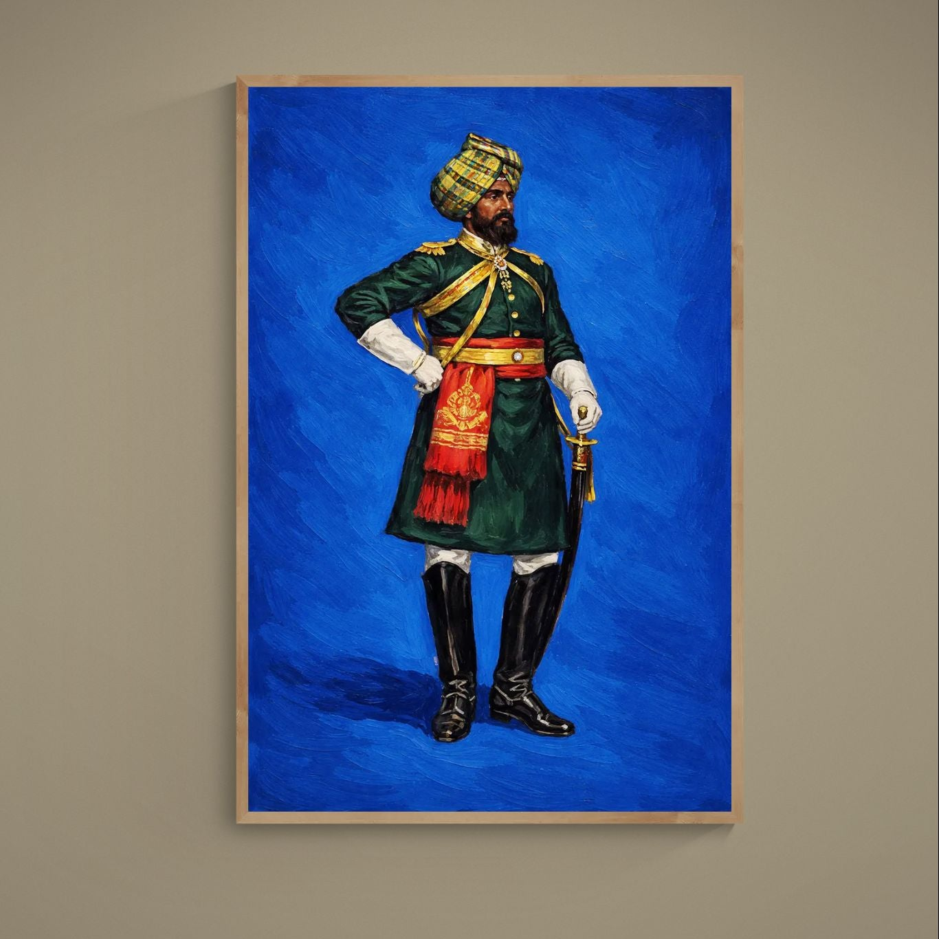 Turbaned officer in green uniform with red sash and sword on vivid blue background