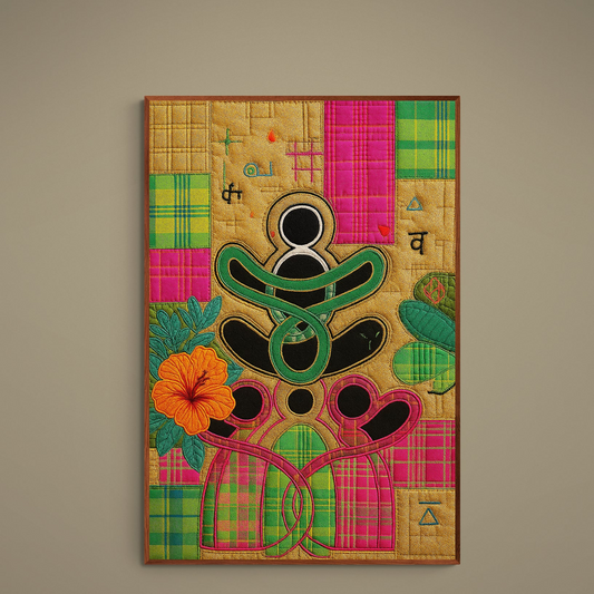 Kente-inspired poster with black meditative silhouettes, gold background, plaid blocks and orange hibiscus