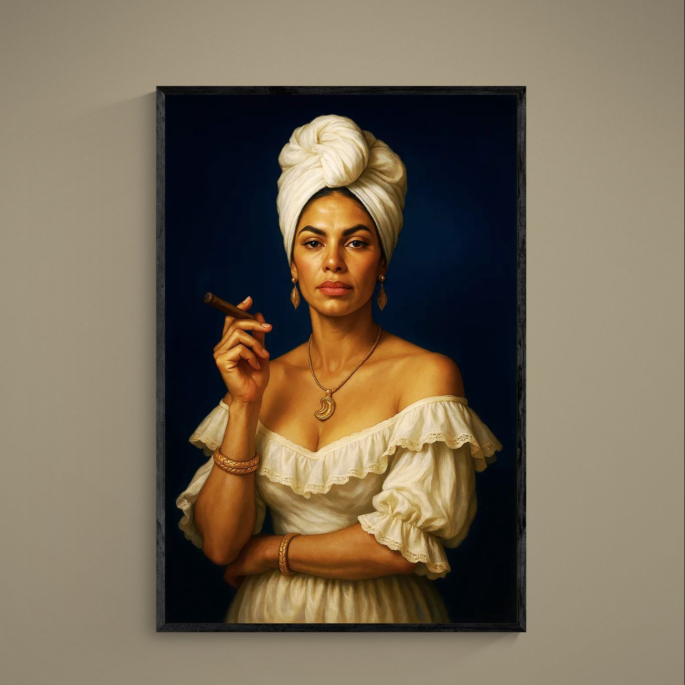 Photorealistic woman in cream turban holding cigar against deep navy background