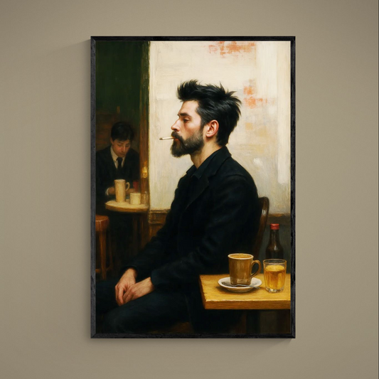Bearded man smoking beside coffee and glass on a vintage cafe table in warm brown tones