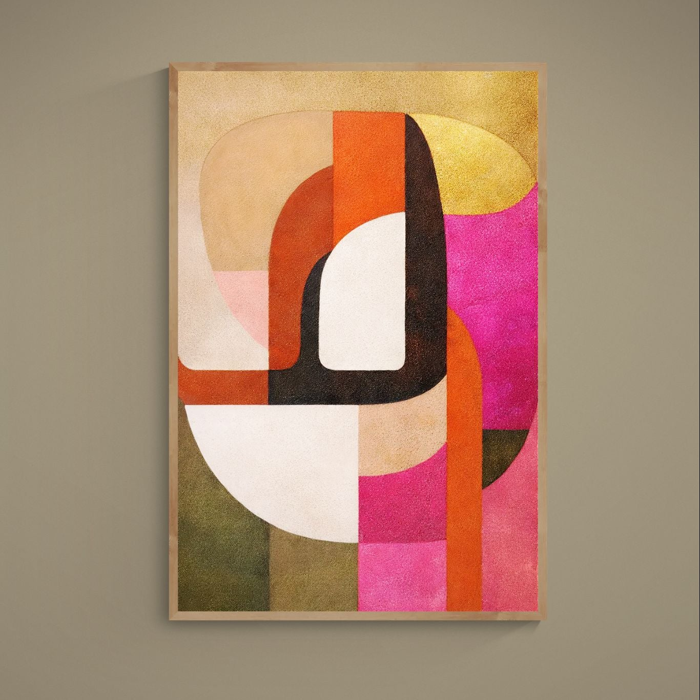 Portrait abstract geometric poster with beige, gold, pink, orange and black layered rounded shapes