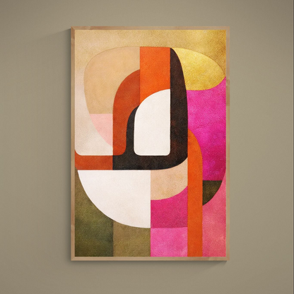 Portrait abstract geometric poster with beige, gold, pink, orange and black layered rounded shapes