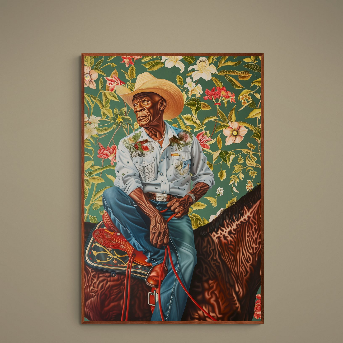 Seated cowboy portrait poster with ornate floral background in green, brown, blue, red, white, gold, and beige