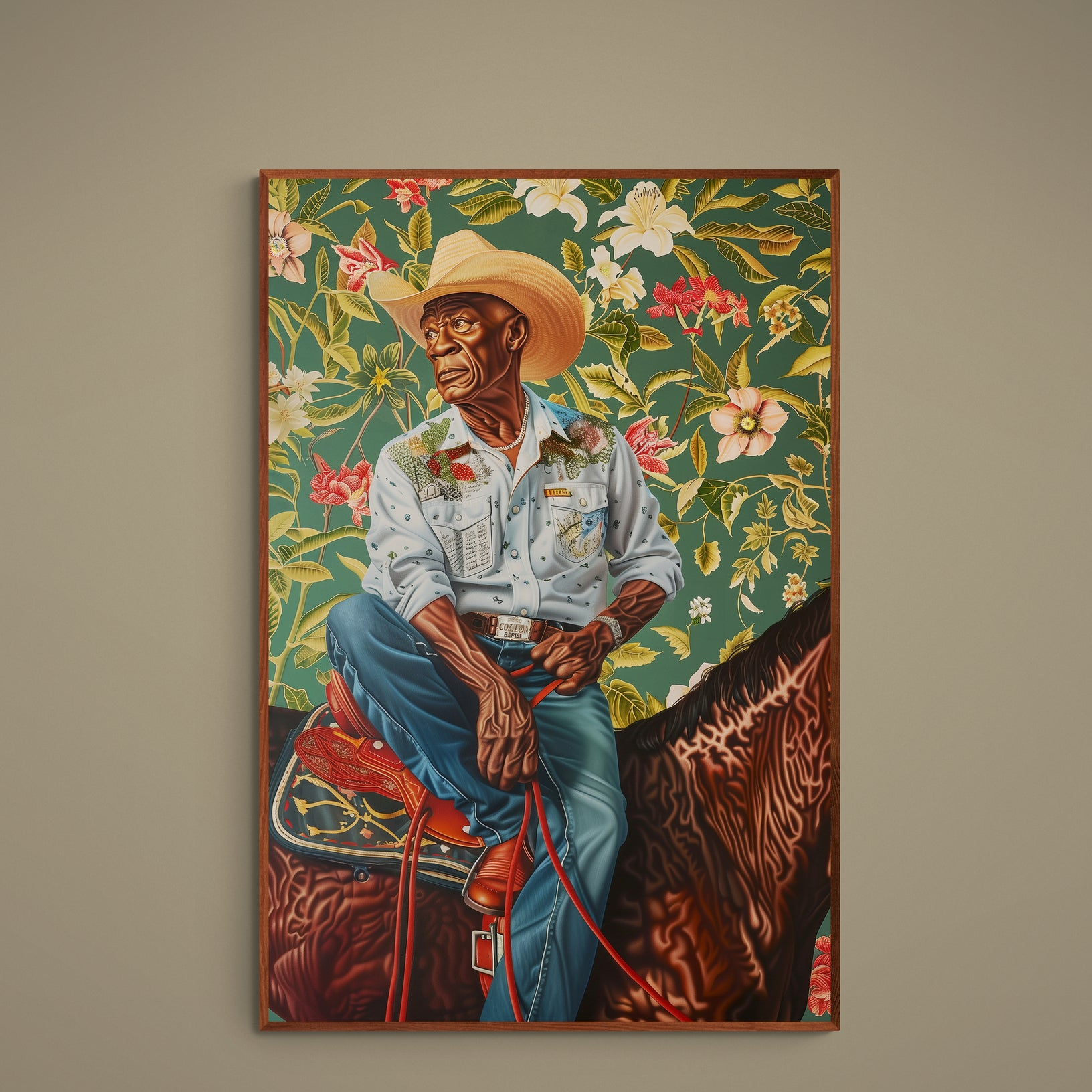 Seated cowboy portrait poster with ornate floral background in green, brown, blue, red, white, gold, and beige