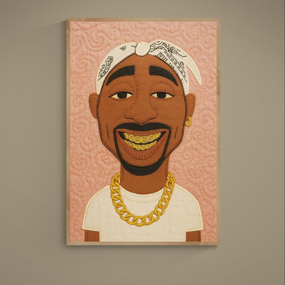 Quilt-style hip hop portrait poster with pink background, white bandana, gold grill, chain, and hoop earring