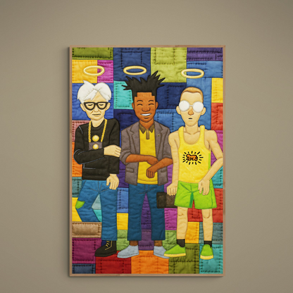 Three pop-art portraits with gold halos on a colorful stitched patchwork background