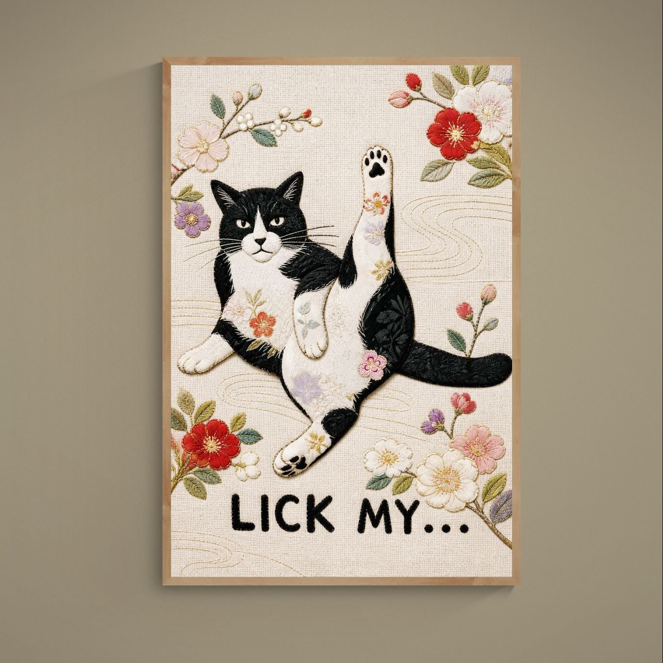 Sassy cat poster with black-and-white cat lifting paw, 'LICK MY...' text, embroidered-style florals on matte paper