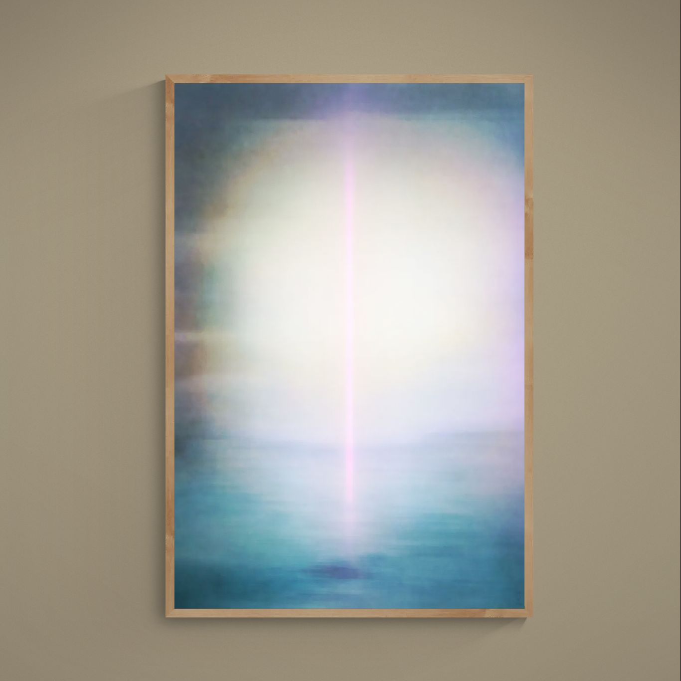 Abstract turquoise and white matte poster with a thin vertical pink light beam and soft purple-blue halos