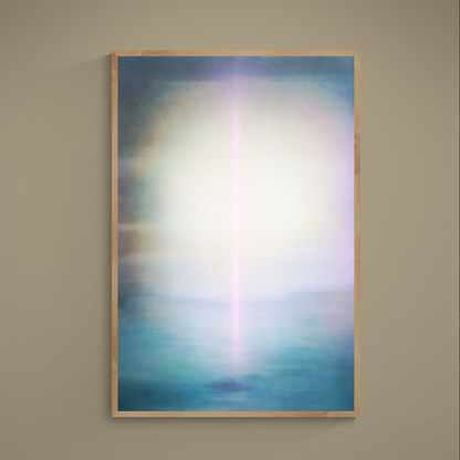 Abstract turquoise and white matte poster with a thin vertical pink light beam and soft purple-blue halos