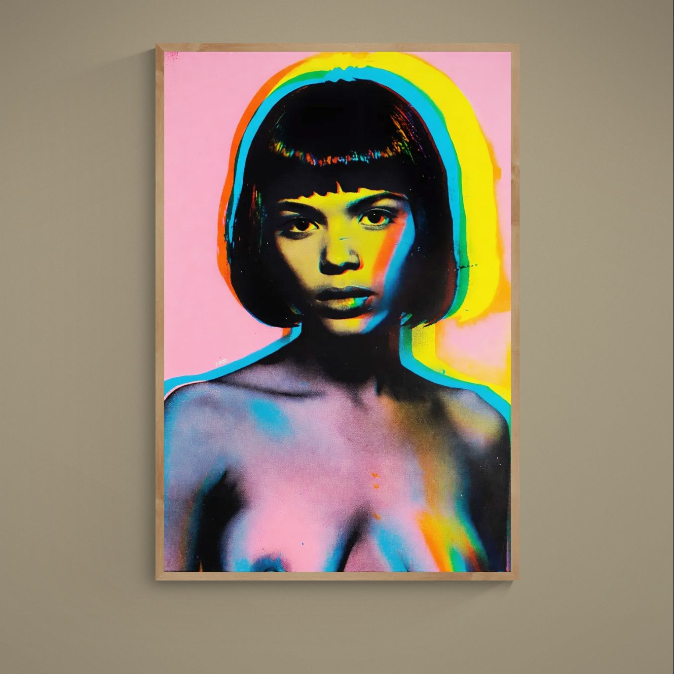 Pop art female portrait poster with pink background, neon color separations, and Damsko signature