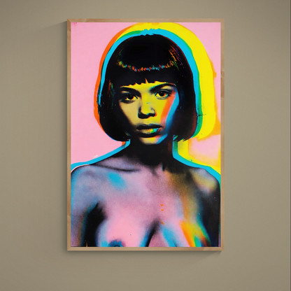 Pop art female portrait poster with pink background, neon color separations, and Damsko signature