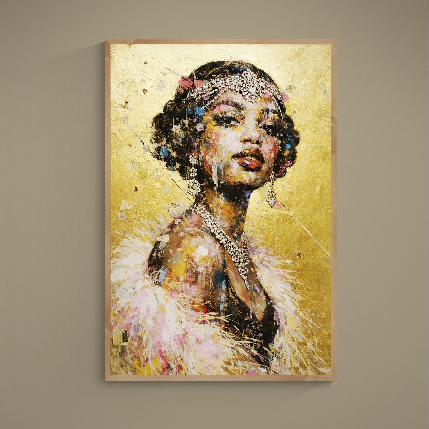 Art Deco female portrait with jeweled headpiece, feather boa, necklace, and gold textured background