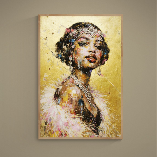 Art Deco female portrait with jeweled headpiece, feather boa, necklace, and gold textured background