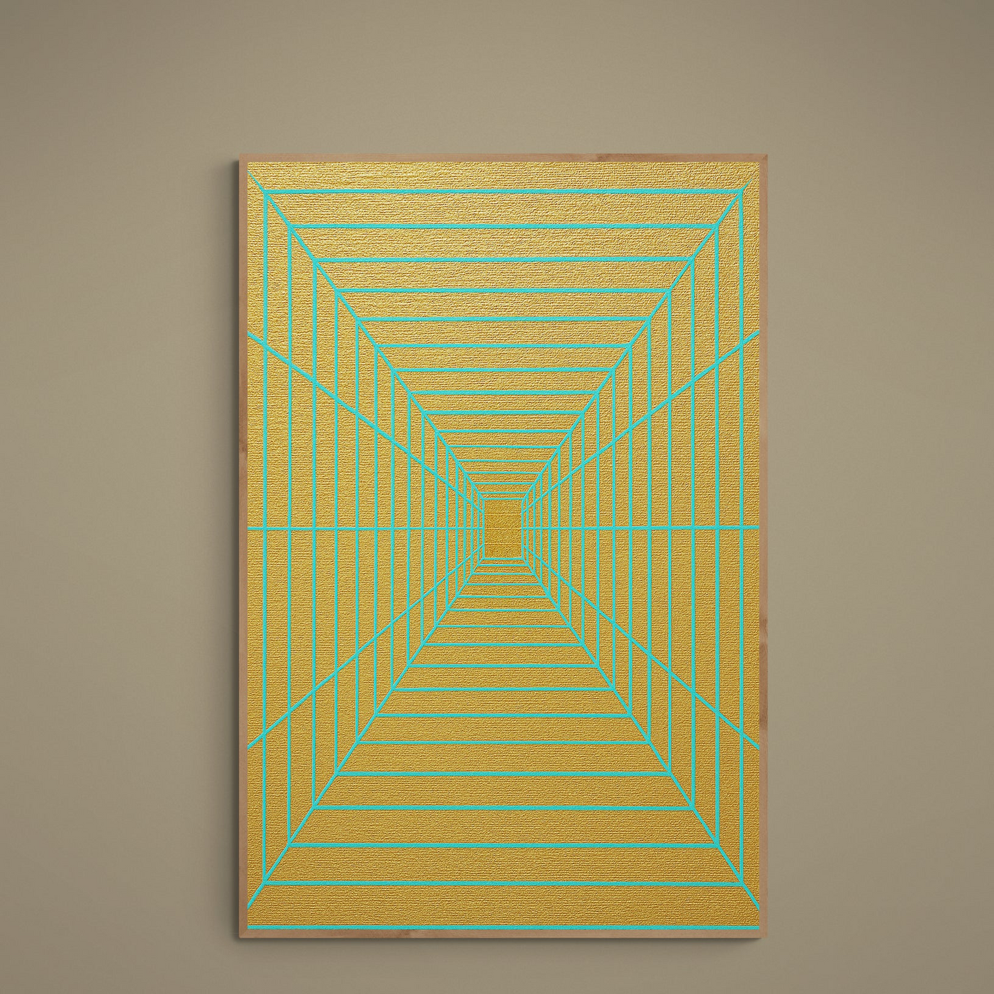 Turquoise converging grid lines on a textured gold abstract matte paper poster