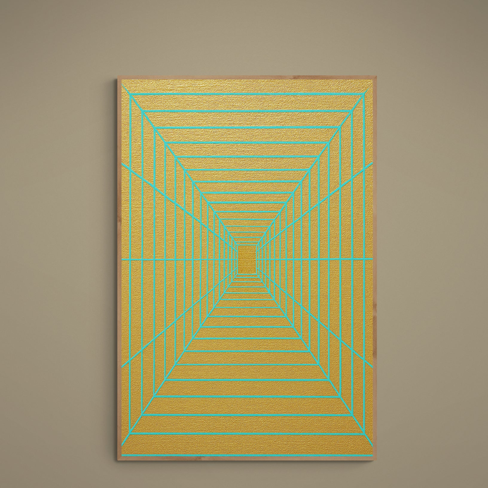 Turquoise converging grid lines on a textured gold abstract matte paper poster