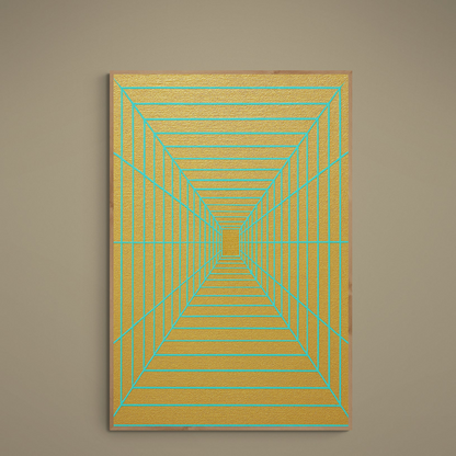 Turquoise converging grid lines on a textured gold abstract matte paper poster